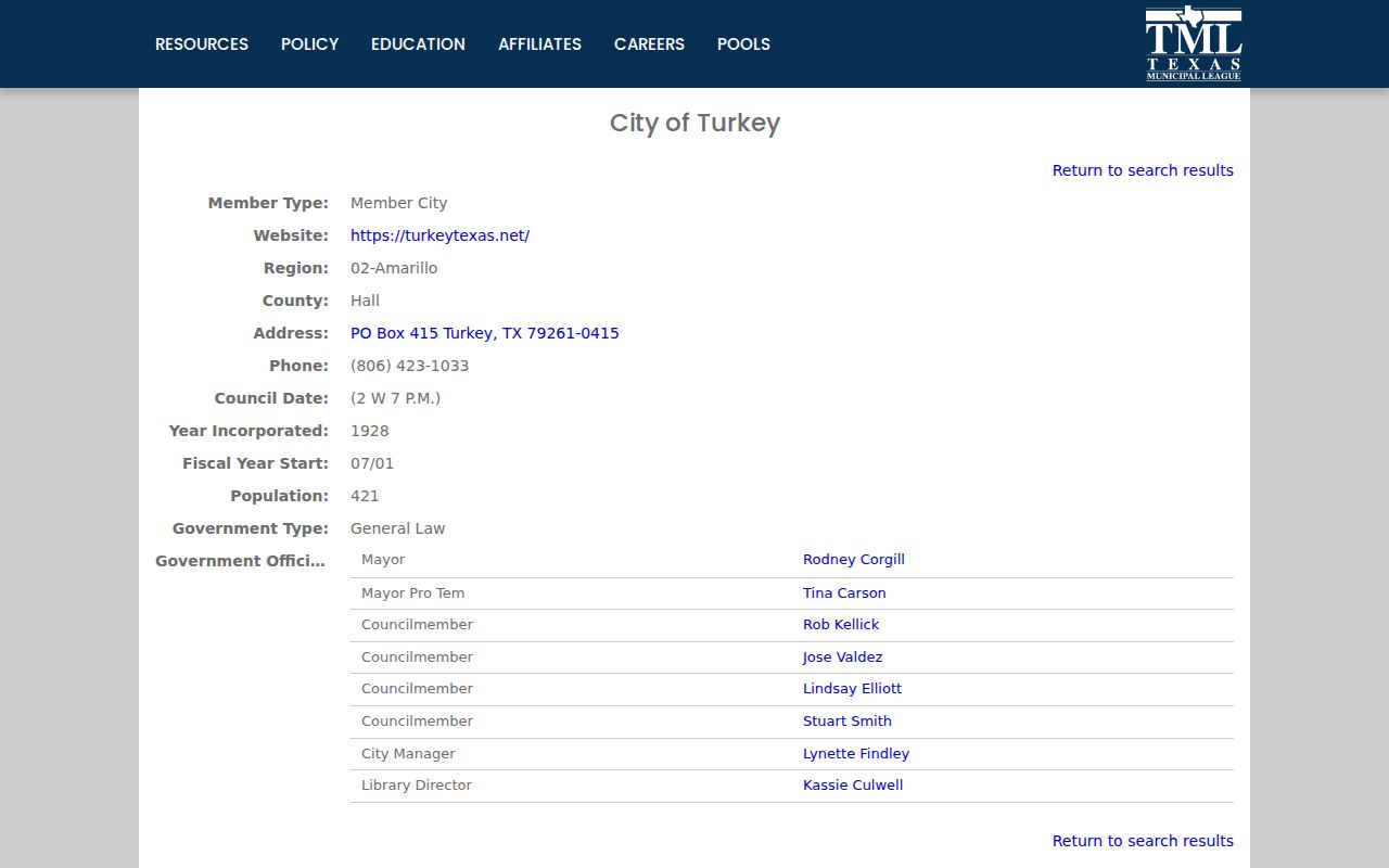 Hall County Turkey warrant records: municipal directory contact block for City Hall
