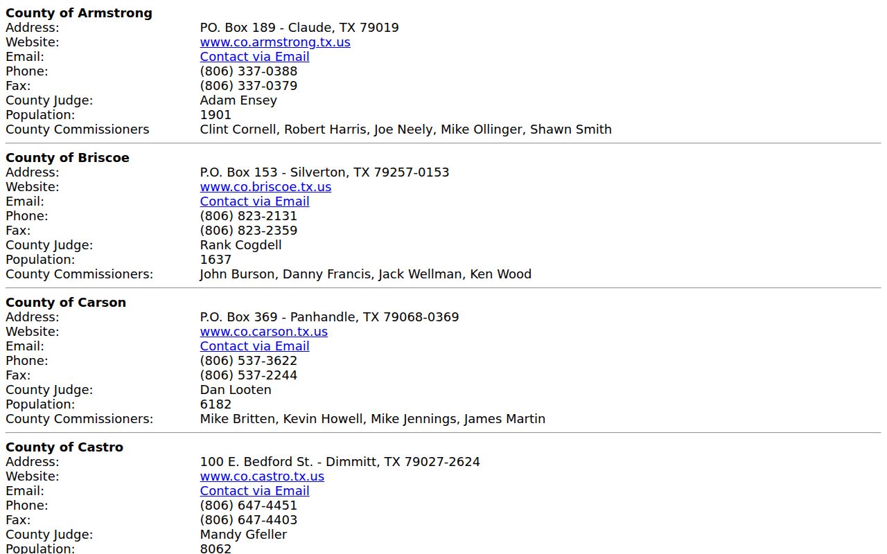 Hall County Estelline warrant records: regional directory row for City Hall contact
