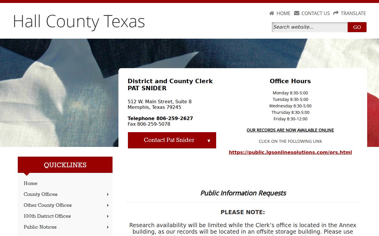 Hall County active warrant records: clerk page with records request and online records links